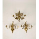 A SMALL DUTCH BRASS CHANDELIER of 17th century design, the six scrolling branches with ribbed