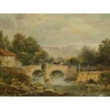 A. WILSON, 19th century A figure leading a cow across a stone bridge, signed lower left, oil on