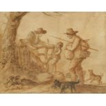 MANNER OF GEORGE MORLAND Figures standing with a child and dogs below a tree, wash and pencil