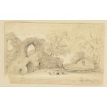 ATTRIBUTED TO COTMAN, Landscape sketches and one of ruins, pencil (3) ,5"x 8.5", 7"x 12" and 5.75"