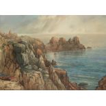 RICHARD HARRY CARTER (1839-1911) A coastal scene with a rocky shore and ships to the distance,