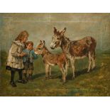 ATTRIBUTED TO JOHN EMMS (1843-1912) Children feeding an apple to a donkey and its' foal, signed