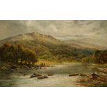 E. CLARKE, 19th century A highland landscape with three figures fishing in a river, an extensive