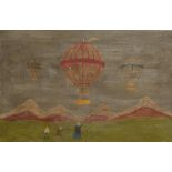 AMERICAN SCHOOL A folk art style study of figures waving American flags at passing hot air balloons,
