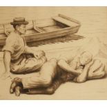 CIRCLE OF EMIL ORLIK (1870-1932) Two gents resting on a beach beside a rowing boat, etching, 17.5" x