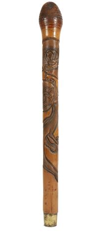 TWO SIMILAR LARGE JAPANESE CARVED BAMBOO STAFFS - Image 2 of 2