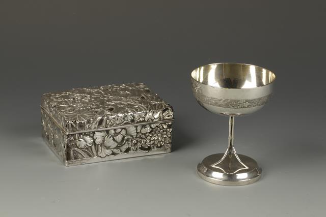 A JAPANESE SILVER-CASED BOX AND A CHINESE SILVER GOBLET