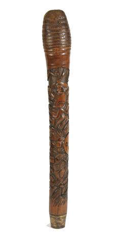 TWO SIMILAR LARGE JAPANESE CARVED BAMBOO STAFFS