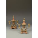 A PAIR OF ROUGE MARBLE AND GILT METAL CANDELABRA