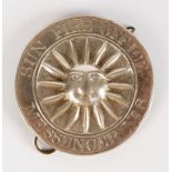 A VICTORIAN SILVER SUN FIRE OFFICE MESSENGER'S BADGE, circular with a central sun motif within