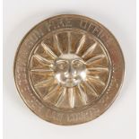 A VICTORIAN SILVER SUN FIRE OFFICE MESSENGER'S BADGE, circular with a central sun motif within