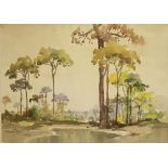 YONGMUNSEN (1896-1962) Trees in a landscape with a lake to the foreground, watercolour, signed and