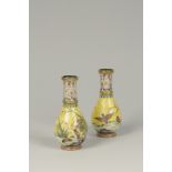 A PAIR OF CHINESE MINIATURE ENAMEL VASES, decorated with birds against a yellow ground