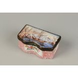 A STAFFORDSHIRE ENAMELLED SNUFF BOX, of cartouche form, painted to the hinged lid with boats at a