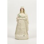 A STAFFORDSHIRE POTTERY 'FLATBACK' FIGURE of Queen Victoria standing with arms folded, 17.5" high