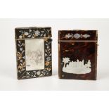 A VICTORIAN TORTOISESHELL CARD CASE, inlaid in mother of pearl with a view of Abbotsford House on