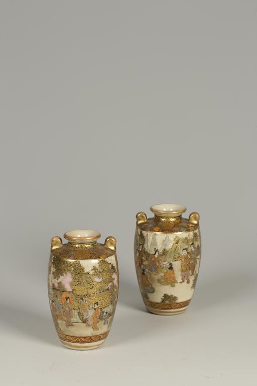 A PAIR OF JAPANESE SATSUMA MINIATURE VASES, decorated with female figures standing by buildings