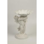SPODE CERAMIC COMPORT with flared dish supported on a foliate column flanked by a loosely clad