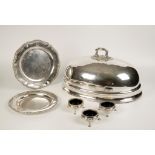 A 19TH CENTURY MEAT DISH COVER of oval form with a detachable handle, engraved with a crest to