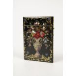 A VICTORIAN PAPIER MACHE CARD CASE, the black ground with mother of pearl and gilt painted vase of