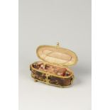 A BLONDE TORTOISESHELL NECESSAIRE, of oval casket form, with unmarked gilt metal scroll mounts,