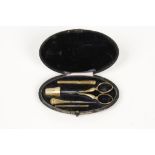 A 19TH CENTURY FRENCH GOLD NEEDLEWORK SET, comprising a thimble, needle case, needle, piercer and