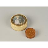 A REGENCY IVORY SNUFF BOX, of circular form, inset to the lid with a painted miniature of an 18th