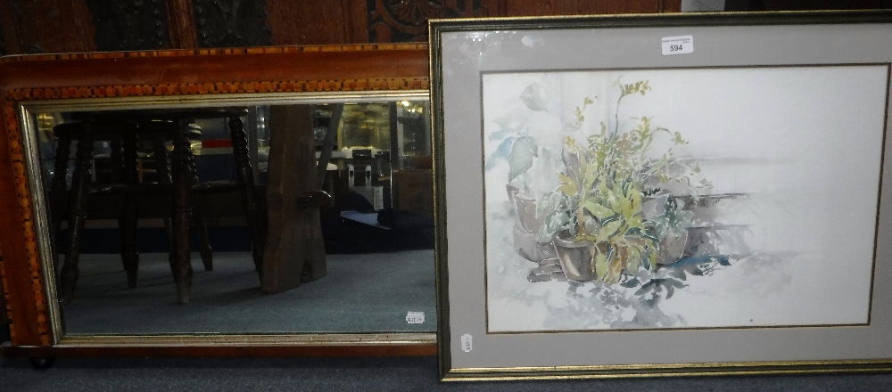 A 20TH CENTURY WATERCOLOUR OF A GROUP OF POT PLANTS, indistinctly signed and a Victorian