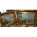 A PAIR OF OIL ON CANVAS PAINTINGS; Dutch scenes, signed 'Keller', both in gilt frames