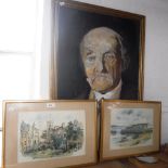 AN OIL ON CANVAS PORTRAIT OF THOMAS HARDY and two watercolours of Lyme Regis by Thompson