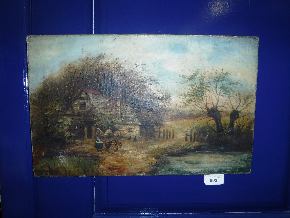 A NAIVE 19TH CENTURY OIL ON CANVAS painting of a cottage with bee skeps and chickens (unframed)