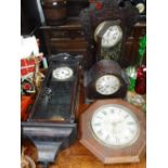 A MAHOGANY CASED WALL CLOCK, an American mantel clock and others similar (4)