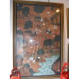 A LARGE INDO-PERSIAN PAINTED WALL HANGING OF A HUNTING SCENE (framed)