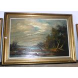 A 1960'S OIL ON CANVAS painting of a river with trees and a darkening sky, indistinctly signed