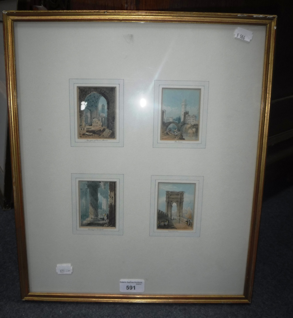 JOHN SKINNER PROUT 1806-1876: A set of four miniature studies of classical ruins, watercolour