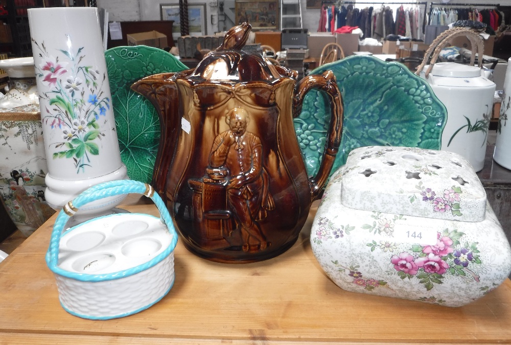 A LARGE BROWN GLAZED JUG decorated with a figure in relief, similar ceramics and a Victorian glass