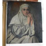 AN EARLY 20TH CENTURY UNFRAMED OIL ON CANVAS PAINTING of a young nun