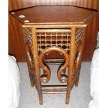 A VICTORIAN MOORISH TYPE OCCASIONAL TABLE, with hexagonal top above bobbin-turned and shaped sides