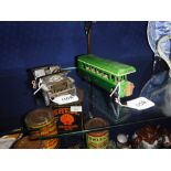 MINIC TOYS: A TIN PLATE GREEN-LINE CLOCKWORK BUS and a Tri-Ang tin plate American jeep (2)