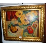 ARMAND SCHONBERGER: Still life with sunflowers and fruit, oil on board, in gilt frame