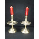 A PAIR OF 17TH CENTURY STYLE BRASS CANDLESTICKS of squat form