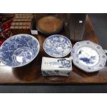 AN ORIENTAL BLUE AND WHITE BOWL, a Chinese pillow and similar ceramics