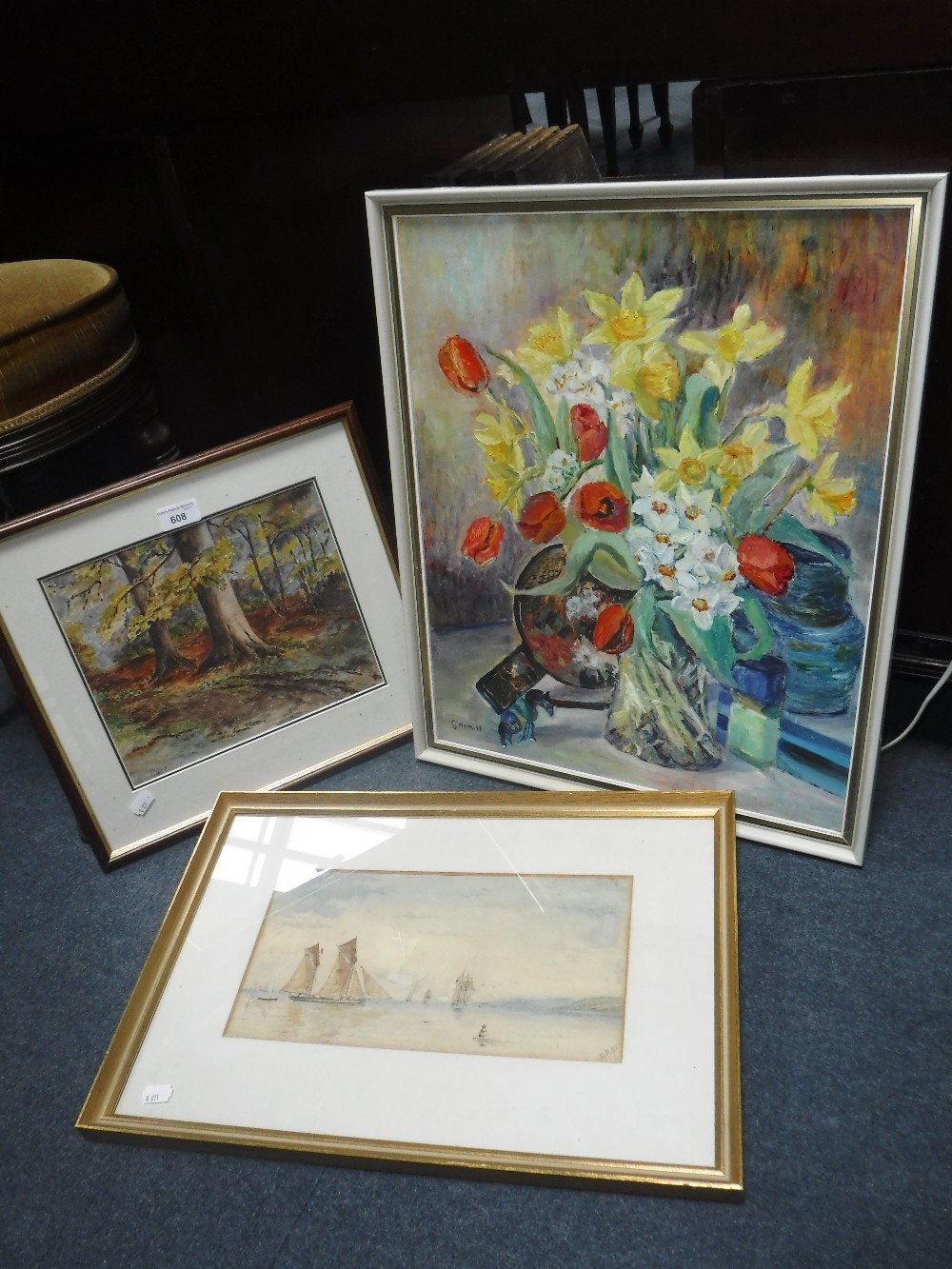 AN OIL ON BOARD STILL LIFE OF FLOWERS, a Maritime watercolour and another similar