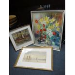 AN OIL ON BOARD STILL LIFE OF FLOWERS, a Maritime watercolour and another similar