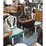 A GEORGE III DROP-FLAP TABLE, a pair of George III white painted chairs, a mahogany dressing