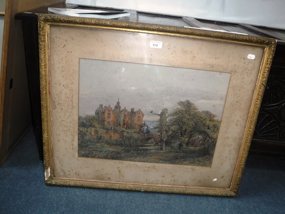 A 19TH CENTURY WATERCOLOUR of a ruined mansion, indistinctly signed J Read (?)