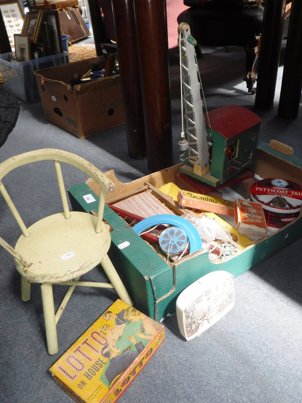 A COLLECTION OF VINTAGE TOYS, to include Lotto, dominoes, a doll's wooden deck-chair, a small chair,