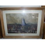 A VIEW OF LONDON WITH ST PAUL'S CATHEDRAL and Thames barges, from the Southbank, oil on paper or
