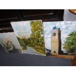A 20TH CENTURY OIL ON BOARD STUDY OF A BELL TOWER, signed 'G Delatouche' and two works by the same