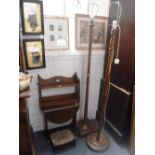 A SET OF OAK HANGING WALL SHELVES, two standard lamps and other items